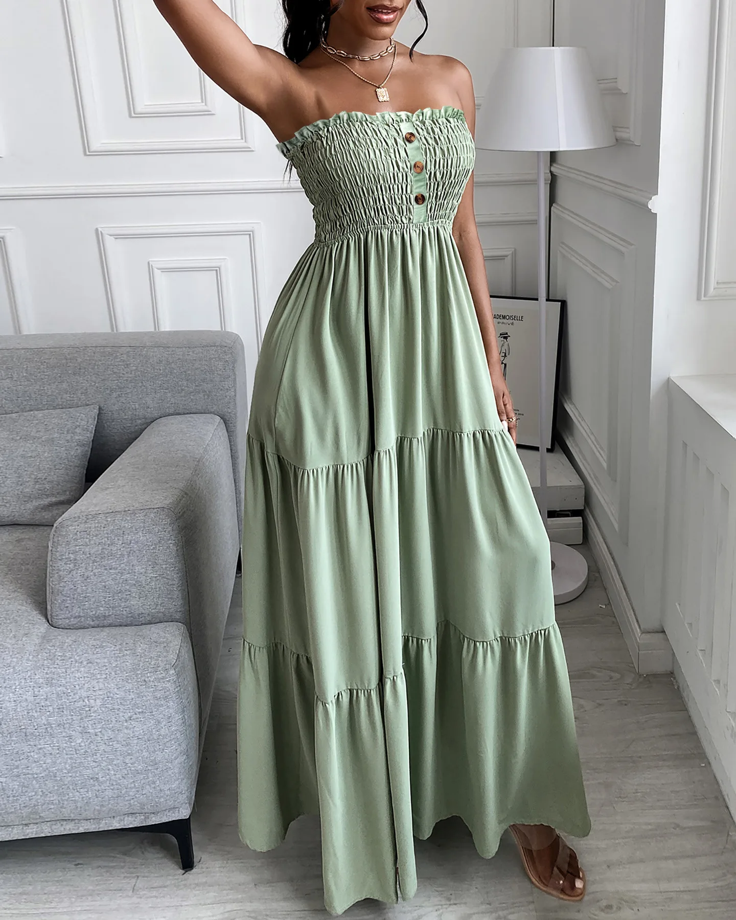 

Shirred Bandeau Maxi Smock Dress Strapless Sleeveless High Waist Long Loose Dress Summer Spring Solid Color