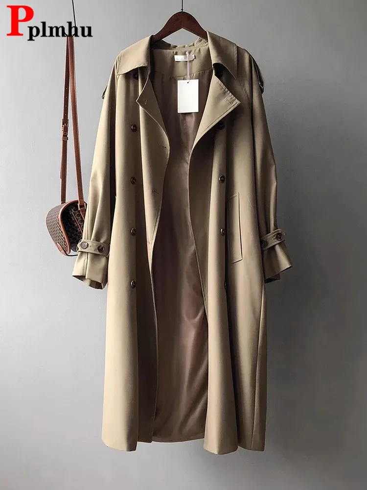 

Women Loose Long Abrigos With Belt Korean Classic Double Breasted Trench Coats Spring Fall Casual Streetwear Gabardina Outerwear