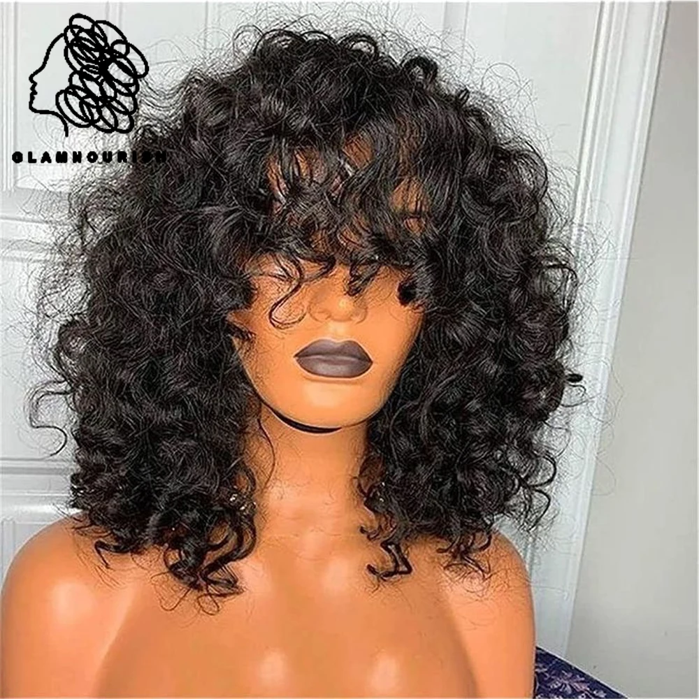 

Curly Glueless Bang Human Hair Wigs For Black Women Full Machine Made Ready To Wear Kinky Curly Bob Wigs With Bangs Pelucas