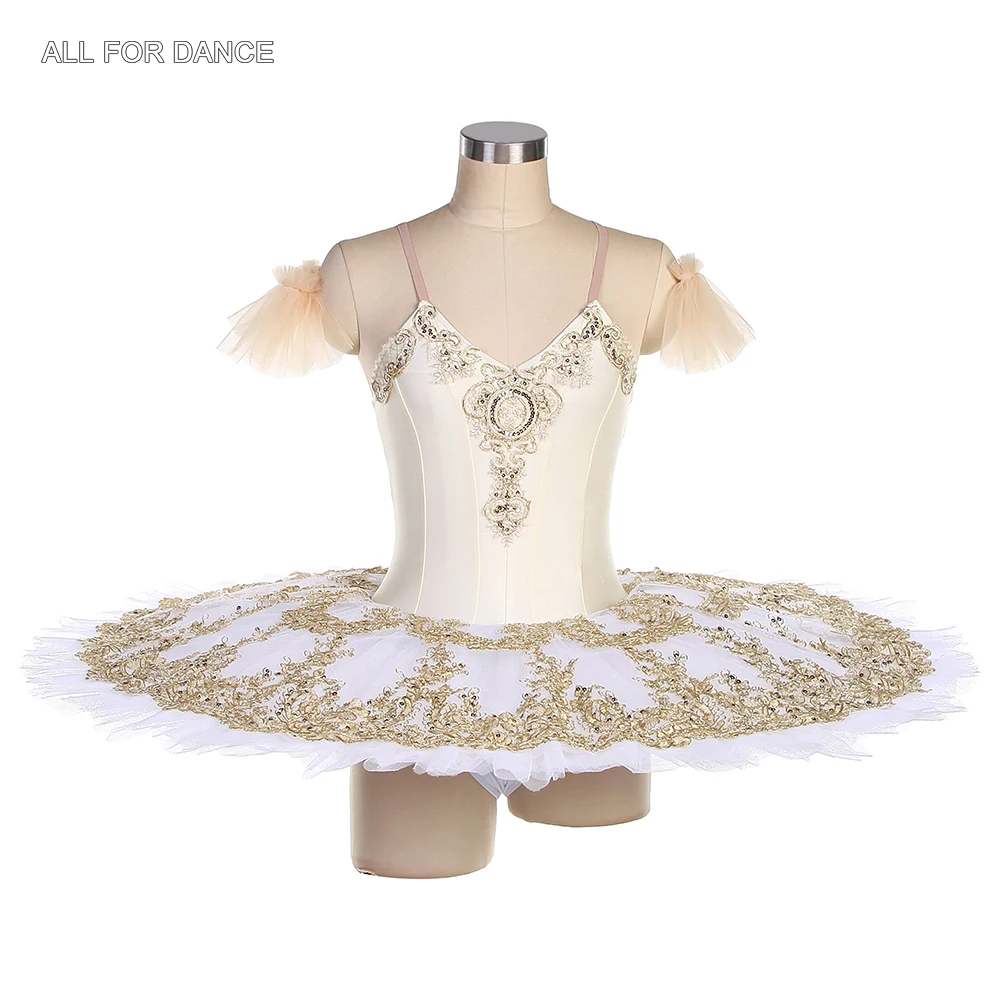 

BLL537 Ivory Spandex Bodice Pre-professional Ballet Tutu With White Still Tulle Tutu Gold Trim Women & Girl Ballet Tutu