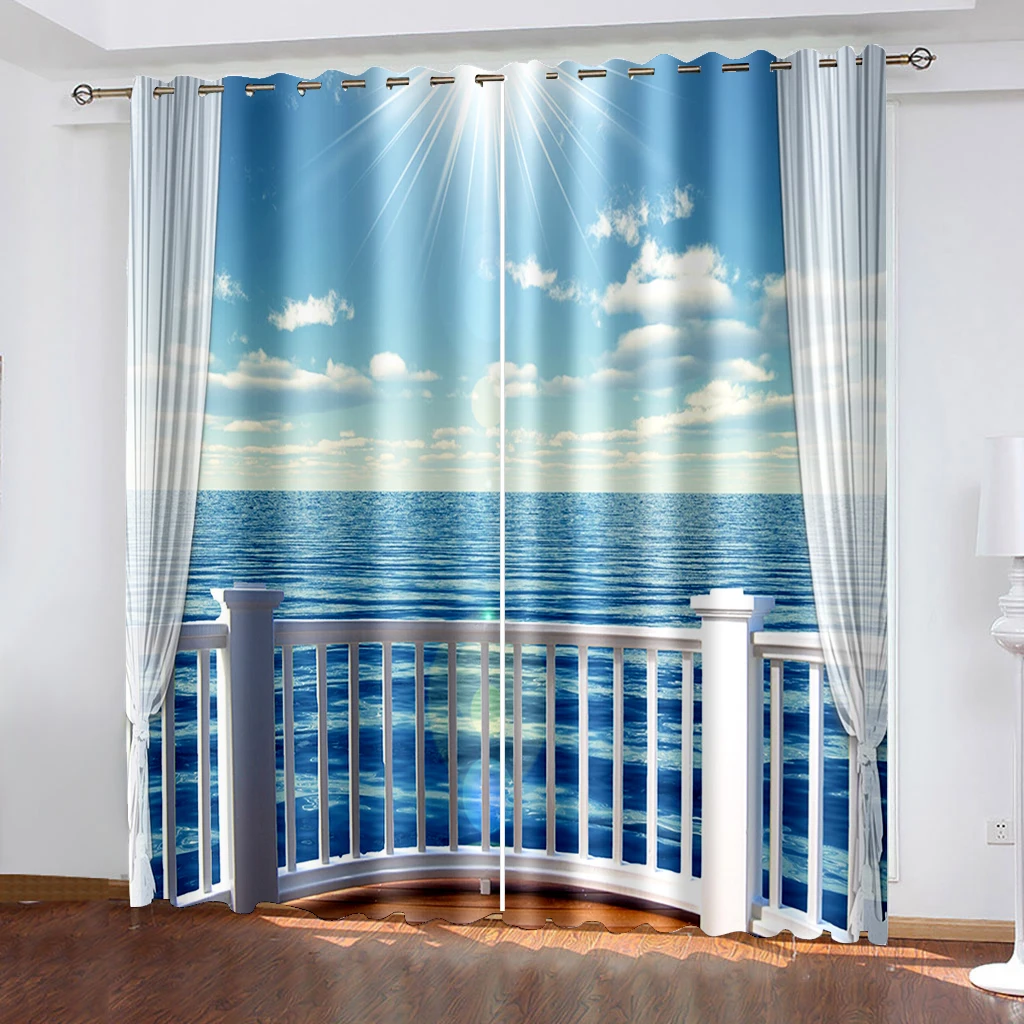 

Blue Sky, White Clouds, Seaside Scenery, 3D Printing Curtains, Balcony Bedroom Shade Decorative Curtains To Make Pictures