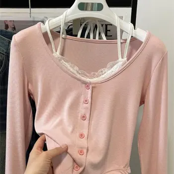 핑크 티셔츠, 여성 슬림 스위트 칼리지 패션, 한국 봄 소프트 레저 크롭 스플라이스 디자인, 2023 년 신착품, 데일리 캐주얼