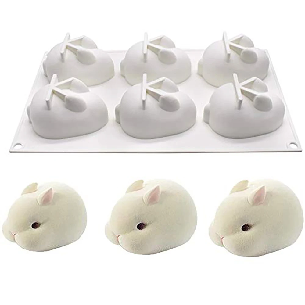 

3D Easter Bunny Silicone Mold 6 Cavity Rabbit Shape Chocolate Pudding French Dessert Fondant Mousse Cake Mould Baking Tools