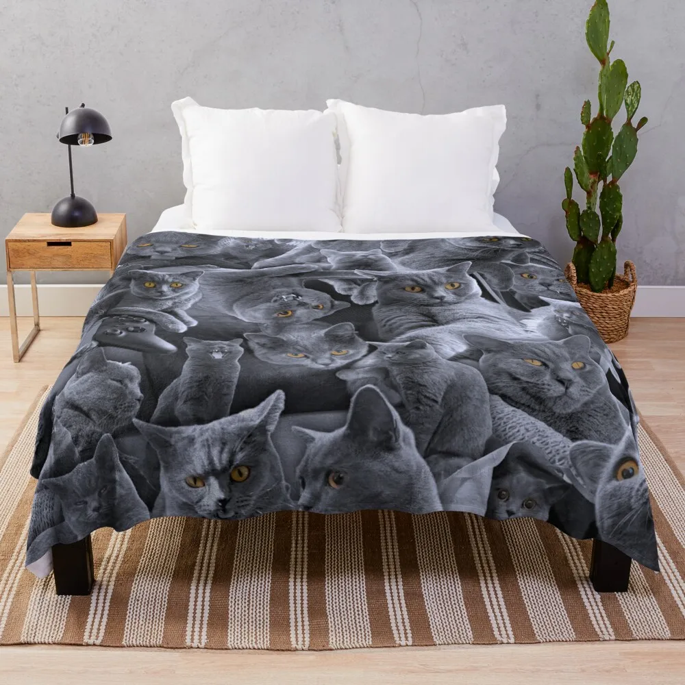 

British Shorthair Cat Collage Throw Blanket Picnic Fluffy Shaggy Decorative Sofa Hairy Blankets