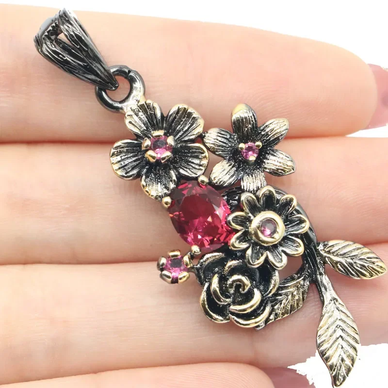 

56x26mm Bohemia Design 9.6g Vintage Created Rhodolite Garnet Smokey Topaz For Women Black Gold Silver Pendant Eye Catching