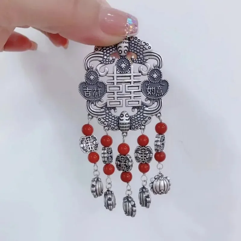 

925 Silver National Style Tassel Sweater Chain Long Ruyi Big Pendant South Red Tourmaline Classic Necklace Banquet Jewelry