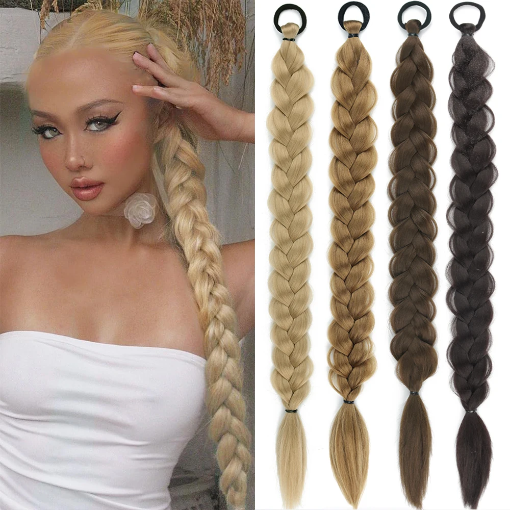 

Synthetic Long Twist Braid Ponytail Extensions With Rubber Band 24 Inch Boxing Braided Hair Extensions For Women Daily Use