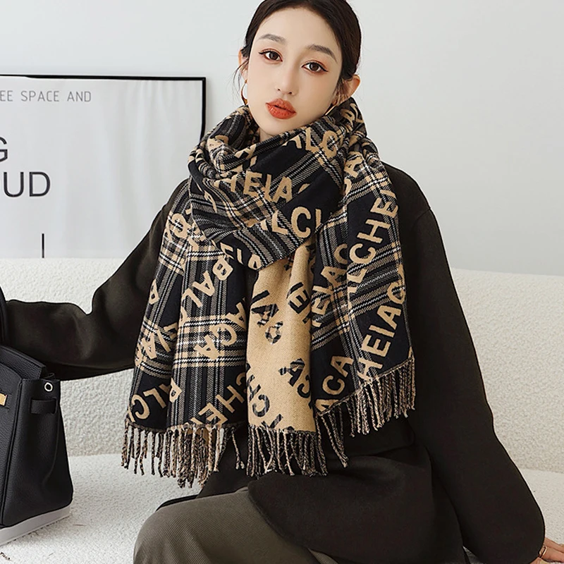 

Fashion Lattice 2024 Women Scarf Winter Hijabs Tassels Long Lady Shawls Cashmere Like Pashmina Bandana Scarves Wraps Echarpe