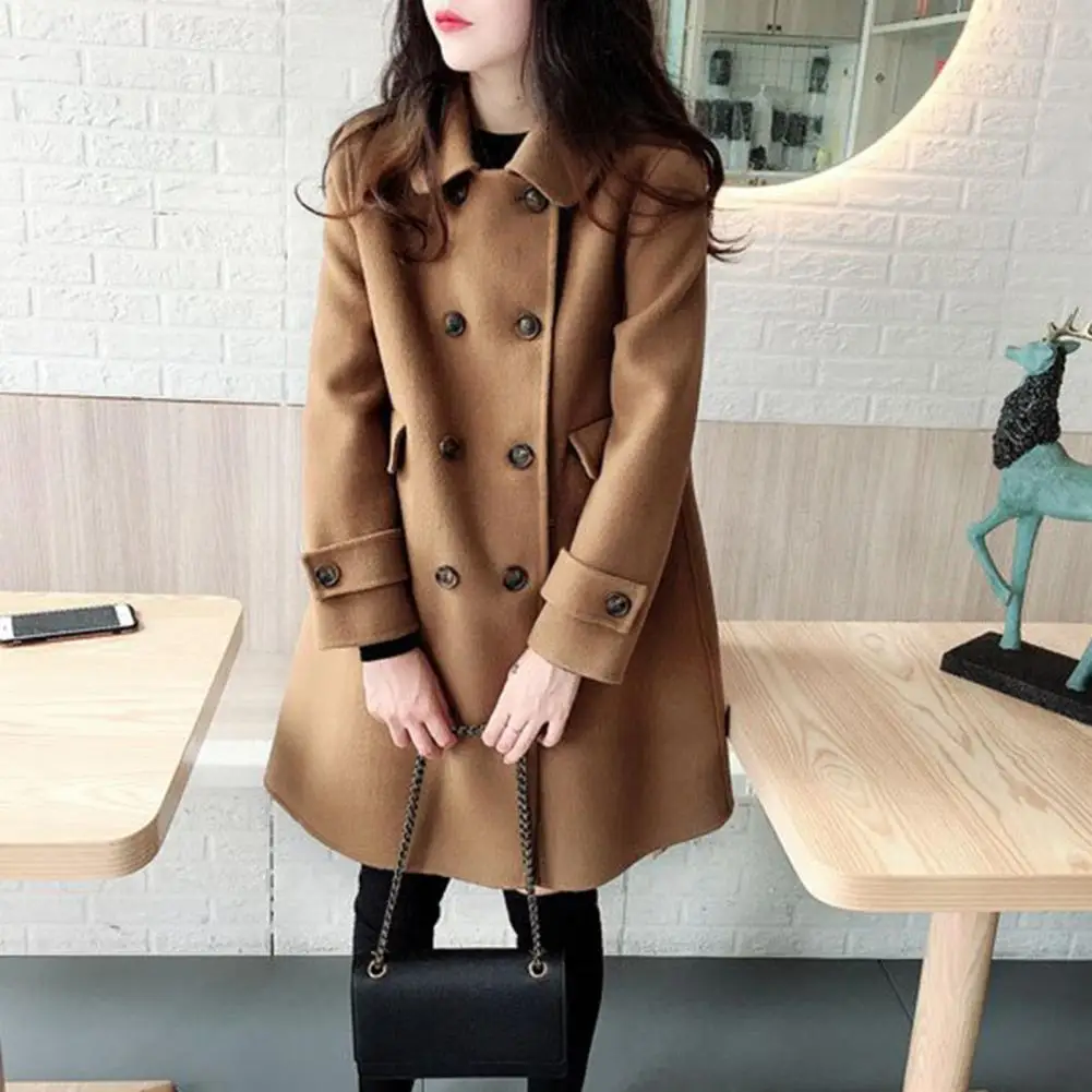 

Jacket Vinatge Woolen Coat Stylish Vintage Woolen Trench Coat Warm Mid-length Double-breasted with Pockets Lapel for Women's