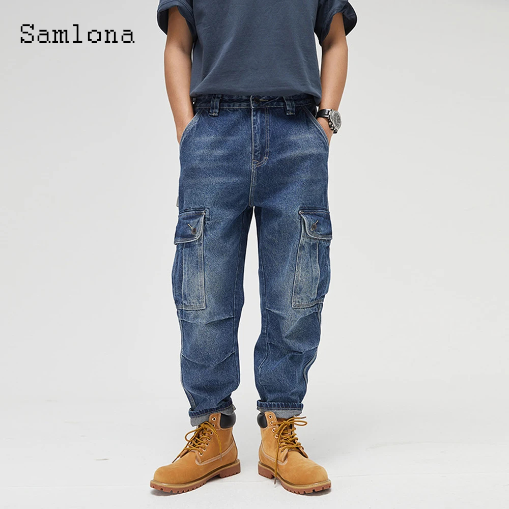 

Samlona Plus size Men's Jeans Casual Stand Pocket Denim Pants Sexy Jean Pantalon 2024 European Style Fashion Cargo Demin Trouser