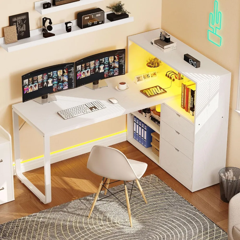 L-shaped table and filing cabinet with power socket and LED lights, 55" large computer desk corner table, 3 storage shelves
L-shaped table and filing cabinet with power socket and LED lights, 55" large computer desk corner table, 3 storage shelves