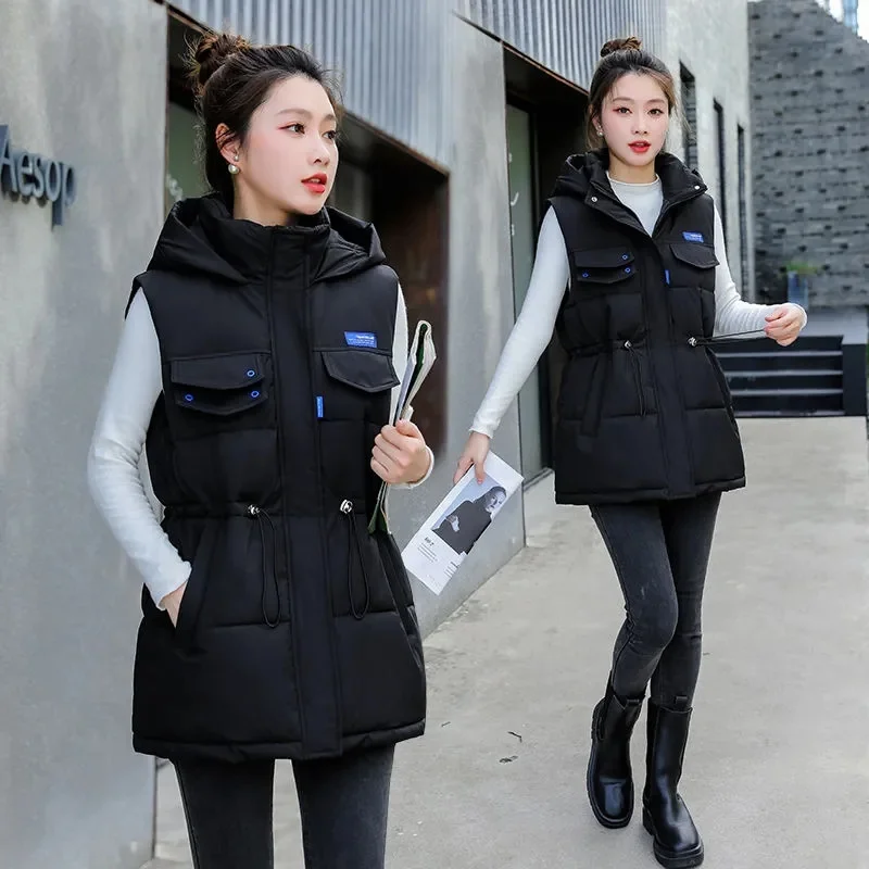 

Autumn Winter 2023 New Fashion Cotton Vest Women Patchwork Sleeveles Hooded Collar Casual Waistcoat Vests Puffer Jacket Outwear