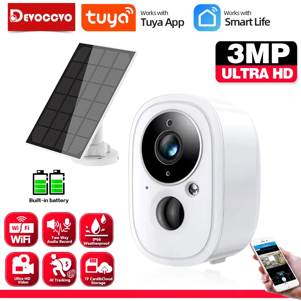 

Tuya 3MP WIFI Solar Camera Outdoor PIR Motion Detection Battery Security Cam Two Way Audio Smart Life CCTV Surveillance Camera