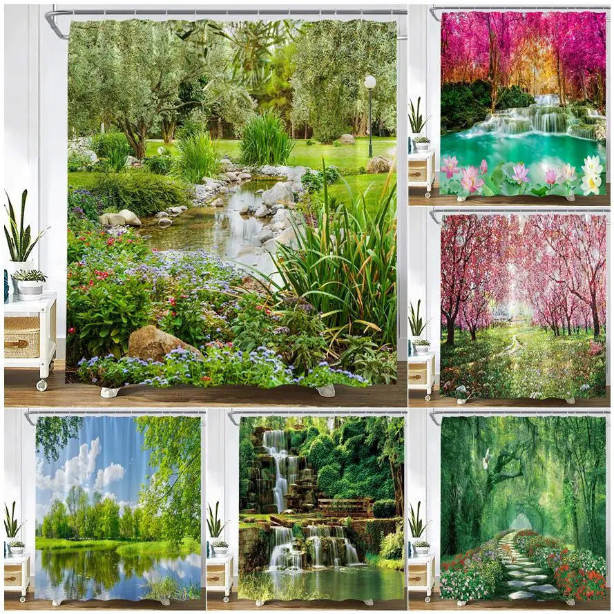 

Garden Landscape Shower Curtain Flower Plant Trees Forest Waterfall Park Nature Scenery Wall Hanging Bathroom Decor Curtains Set