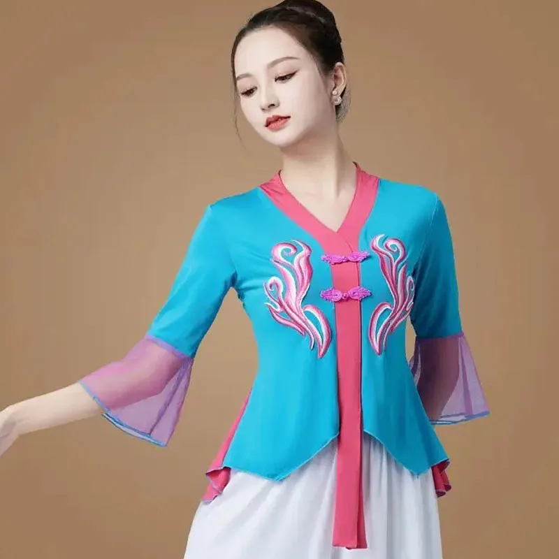 

Cheongsam Women's Plus Size Tops 2024 Spring New Cotton Blend Embroidery Ruffles Splicing Chinese Style Dance Qipao Shirts Woman