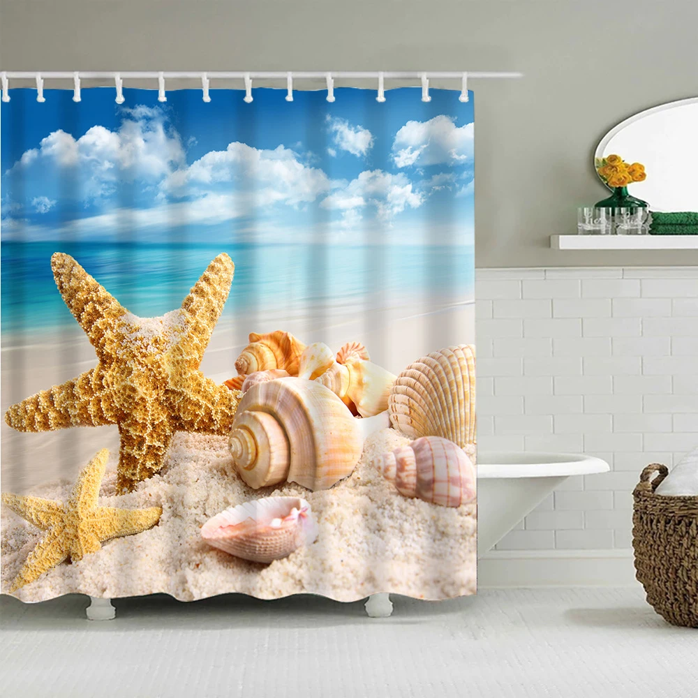 

Blue Sky Tropical Conch Beach Shower Curtain Ocean Seashell Starfish Sea Scenery Print Bath Curtains Bathroom Decor with Hooks