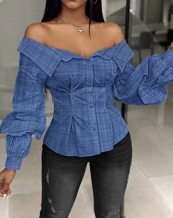 

Fashion Woman Blouse 2024 Spring Buttoned Lantern Sleeve Off Shoulder Casual Plain Long Sleeve Daily Shirt Top