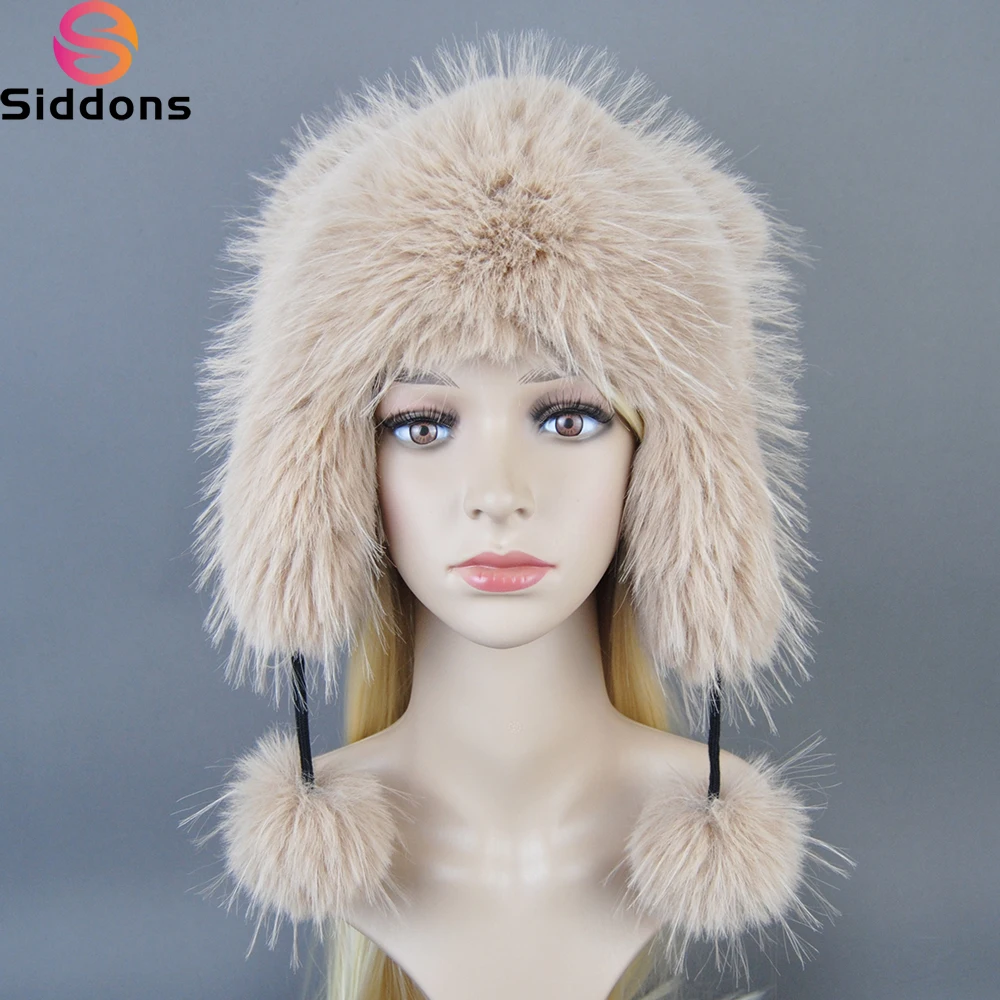

False Raccoon Fur Pompom Bomber Hats Russian Female Beanies False Raccoon Fur Hat Knitted Skullies Beanies Women's Winter Hats