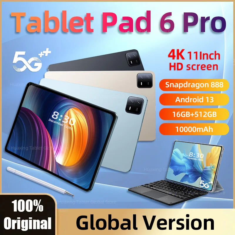 

Оригинальный планшет 2024 дюймов, планшет Pad 6 Pro, процессор Snapdragon 888, Android 13, 11 дюймов, 16 ГБ + 1 ТБ, телефон с экраном HD 4K, 10000 мАч, Wi-Fi, Mi Tab