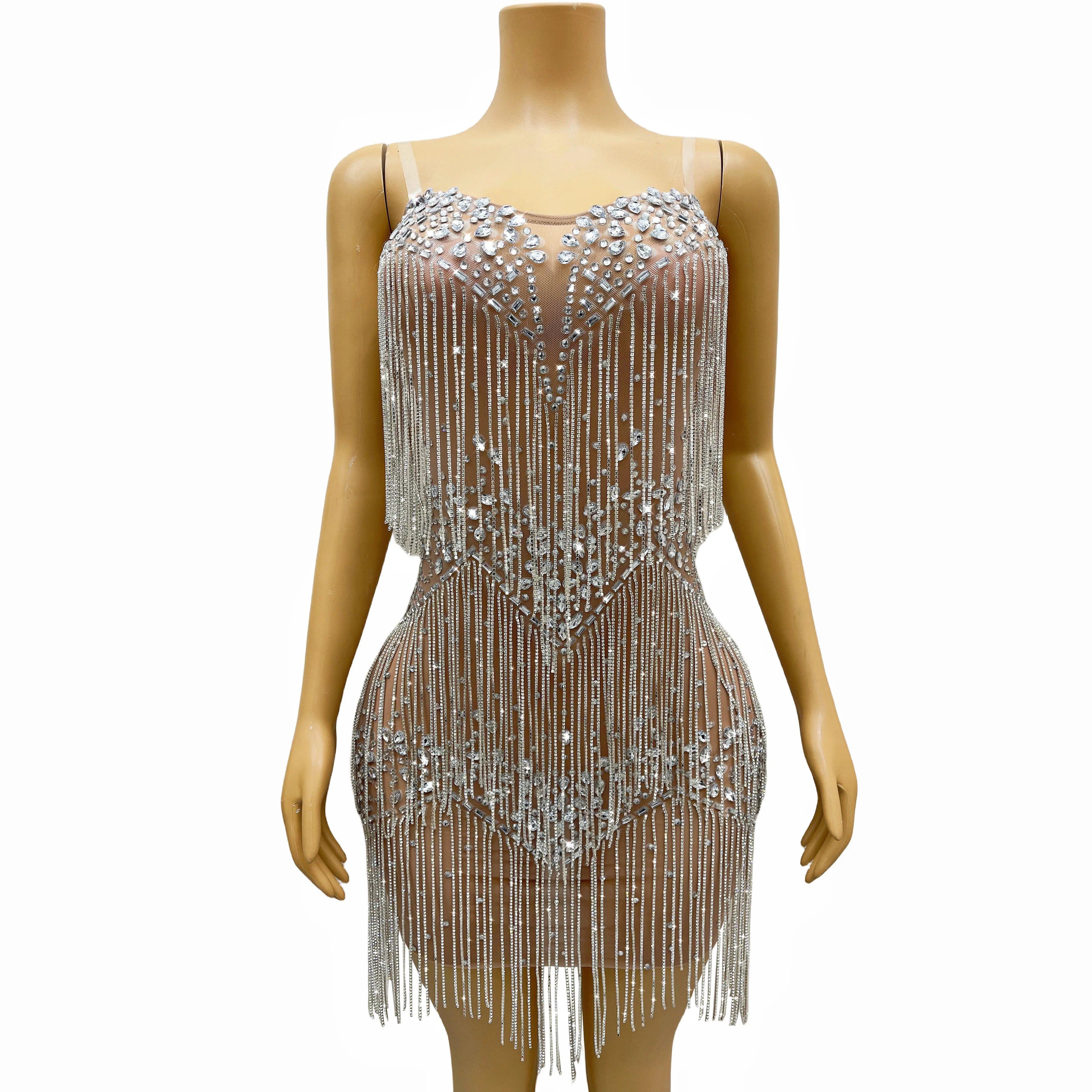 

Crytals Fringes Designed Silver Rhinestones Transparent Sleeveless Dress Birthday Celebrate Costume Evening Dance liushui