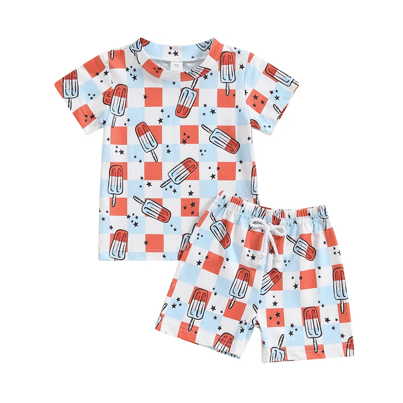 Baby Boys Shorts Set, Plaid Popsicle Print Short Sleeve T-shirt with Elastic Waist Shorts Summer Outfit for 4th of July
Baby Boys Shorts Set, Plaid Popsicle Print Short Sleeve T-shirt with Elastic Waist Shorts Summer Outfit for 4th of July