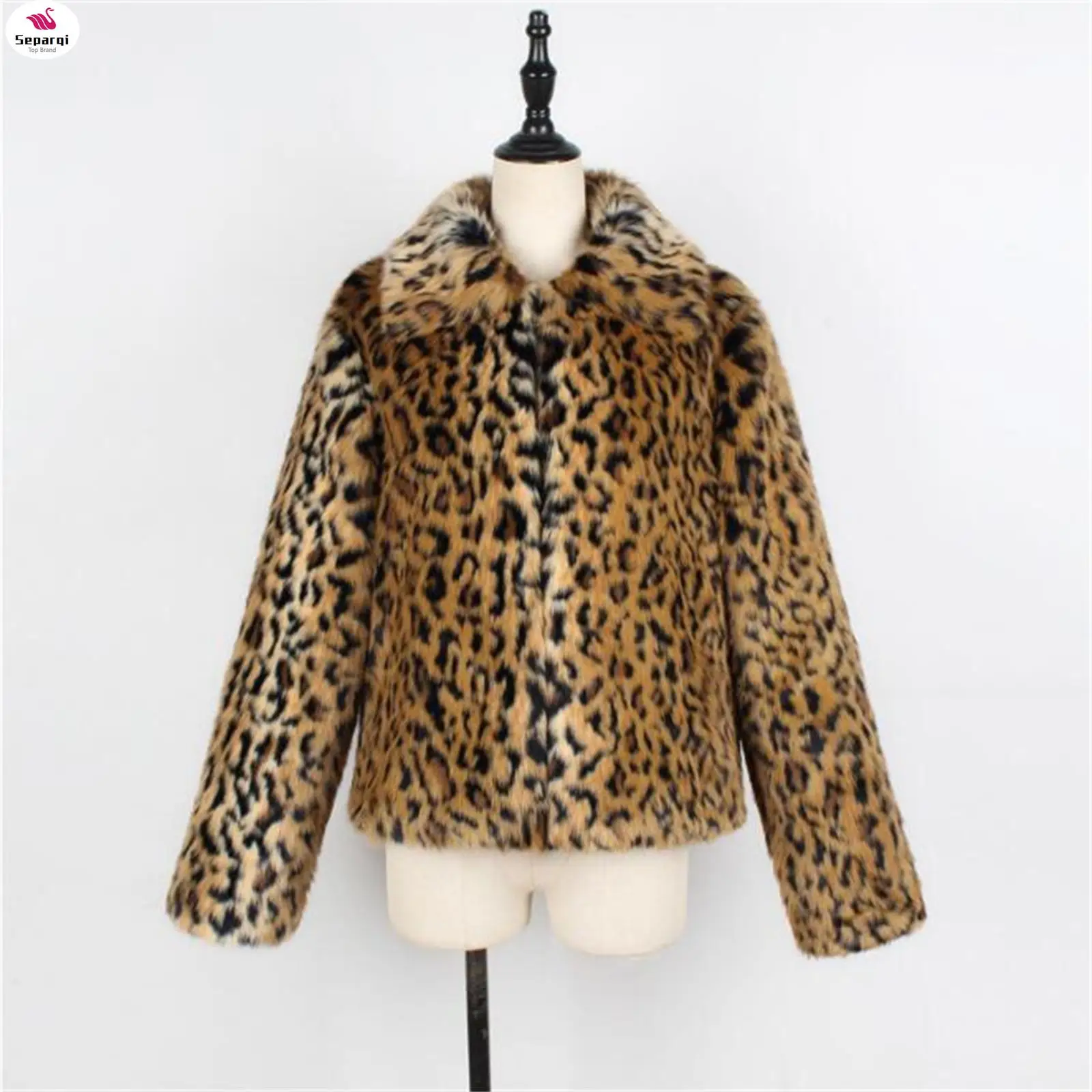 

SEPARQI Fashion Leopard Coat for Women Autumn Winter Long Sleeve Short Coat Warm Faux Fur Wool Lapel Crop Jacket Outwear Casaco