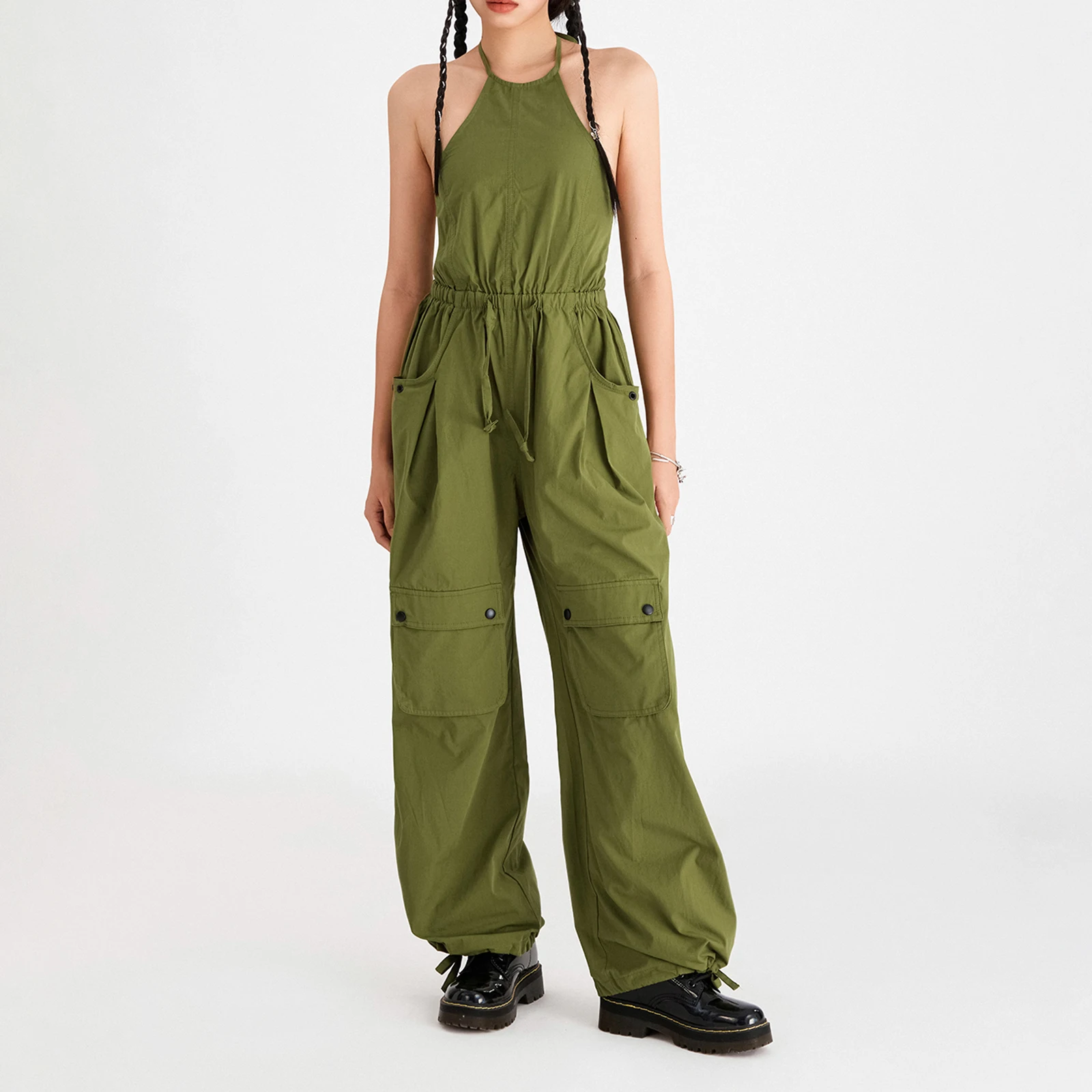 

Summer Green Jumpsuit Women Backless Bib Overalls Sleeveless Belted Long Romper Elegant V Neck Playsuit High Waist Pants Overall
