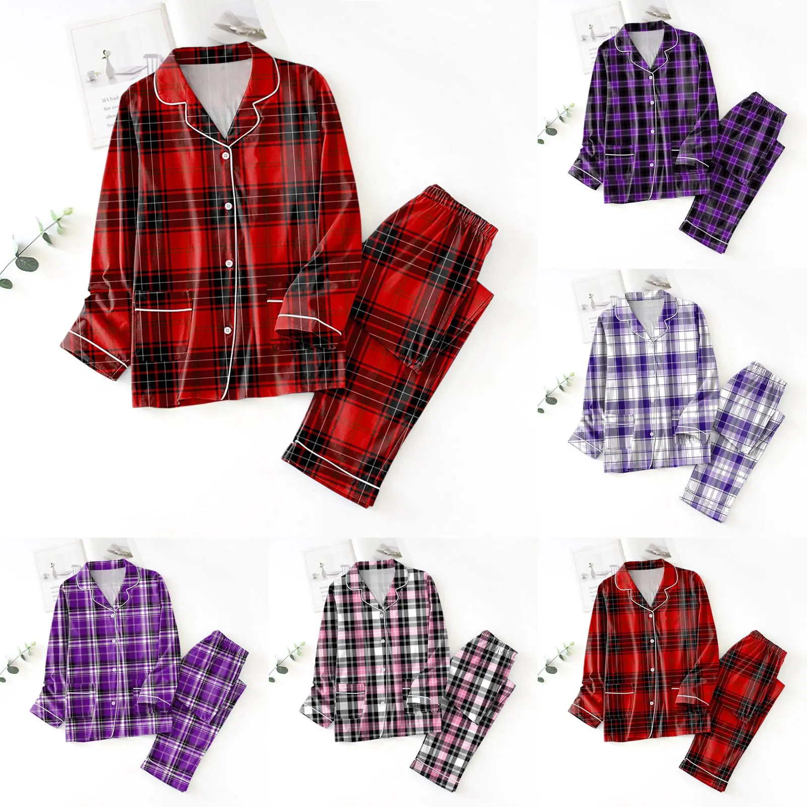 

Women Lounge Plaid Pajama Sets Turn-Down Collar Long Sleeve Checked Shirts Tops Long Pants 2 Piece Loungewear Homewear Nightwear