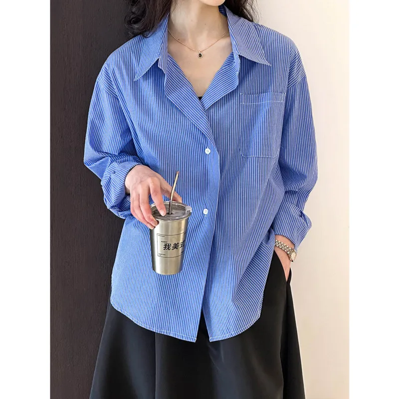 Spring Summer Striped Pocket Shirts Women Turn Down Collar Long Sleeve Cotton Casual Tops 
Spring Summer Striped Pocket Shirts Women Turn Down Collar Long Sleeve Cotton Casual Tops