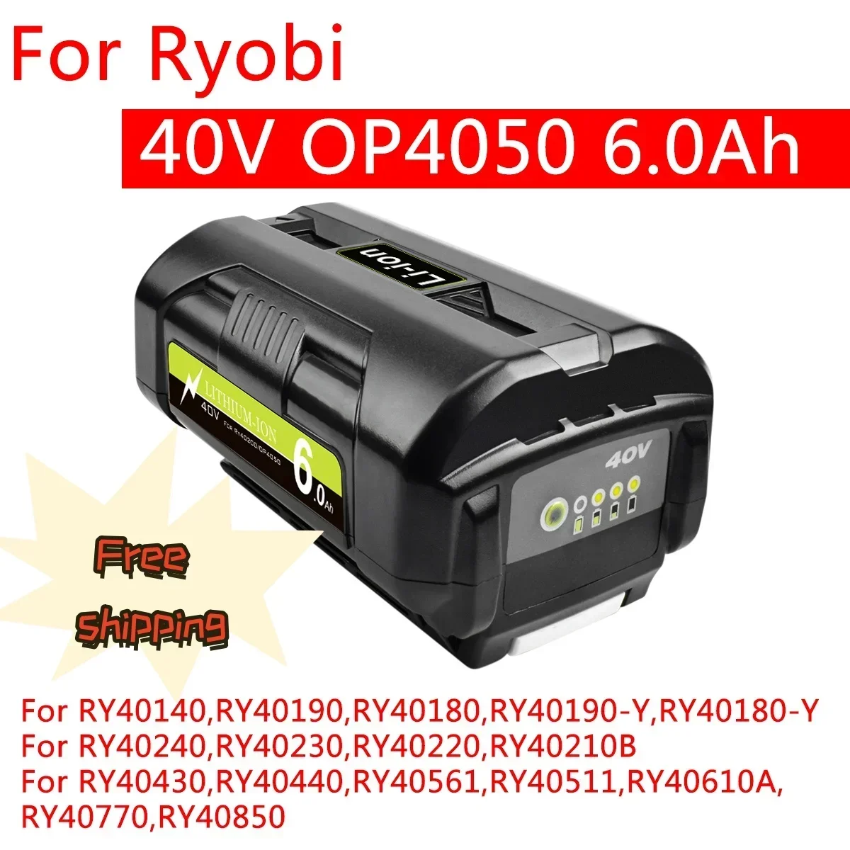 Литий-ионная аккумуляторная батарея для Ryobi, 6,0 Ач, 40 в, для беспроводных электроинструментов Ryobi RY40502, RY40200, 40 в, OP4050, OP4026, OP40401
Литий-ионная аккумуляторная батарея для Ryobi, 6,0 Ач, 40 в, для беспроводных электроинструментов Ryobi RY40502, RY40200, 40 в, OP4050, OP4026, OP40401