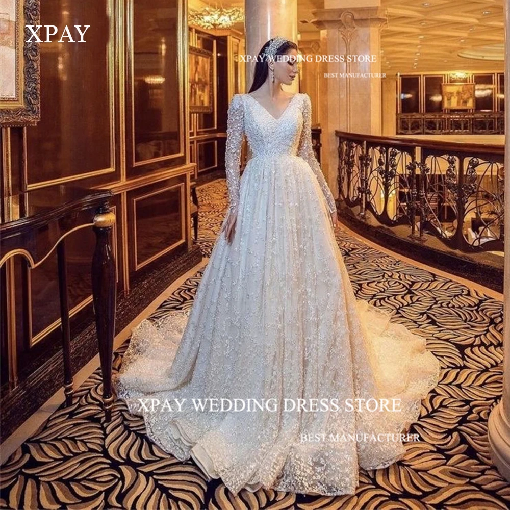 

XPAY скромные блестящие трапециевидные кружевные свадебные платья с длинным рукавом с V-образным вырезом со шлейфом Роскошные Блестящие Свадебные платья Дубай арабские женщины
