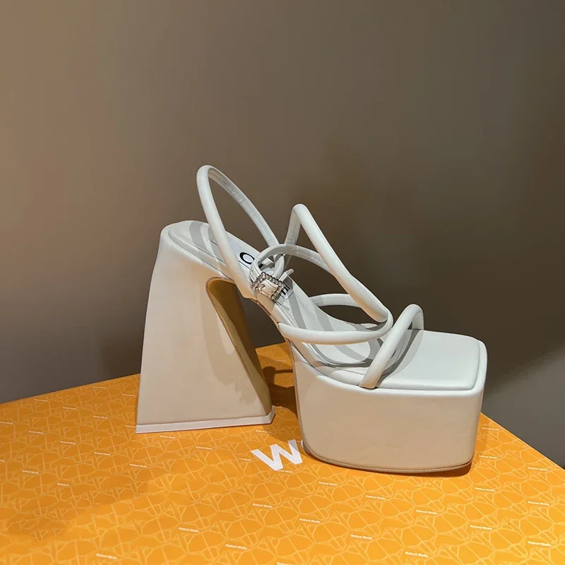 

Buy angel leather tube strap heel cross over back strap diamond buckle Square Toe platform angular heels brand