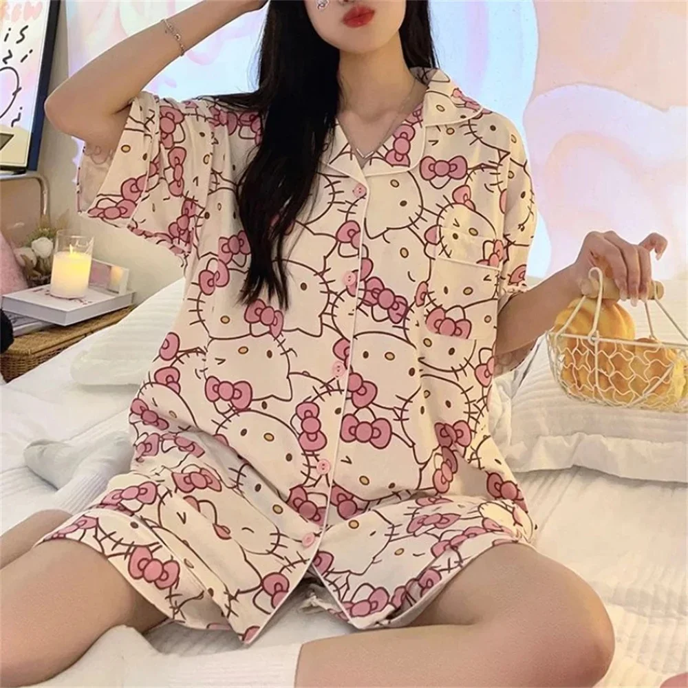 

Sanrios Hello Kitty Short Section Ladies Pyjamas Set Pyjamas Women Summer Kawaii Cartoon Loose Pajamas Pajama Trousers Set