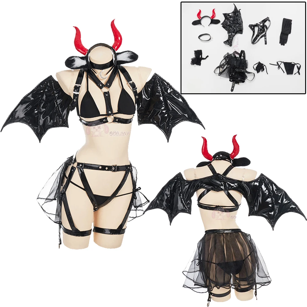 

Women Sexy Lingerie Set Devil Cow Top and Thong with Belt Set and Wings Headband Necklace Sleepwear Sexy Costumes