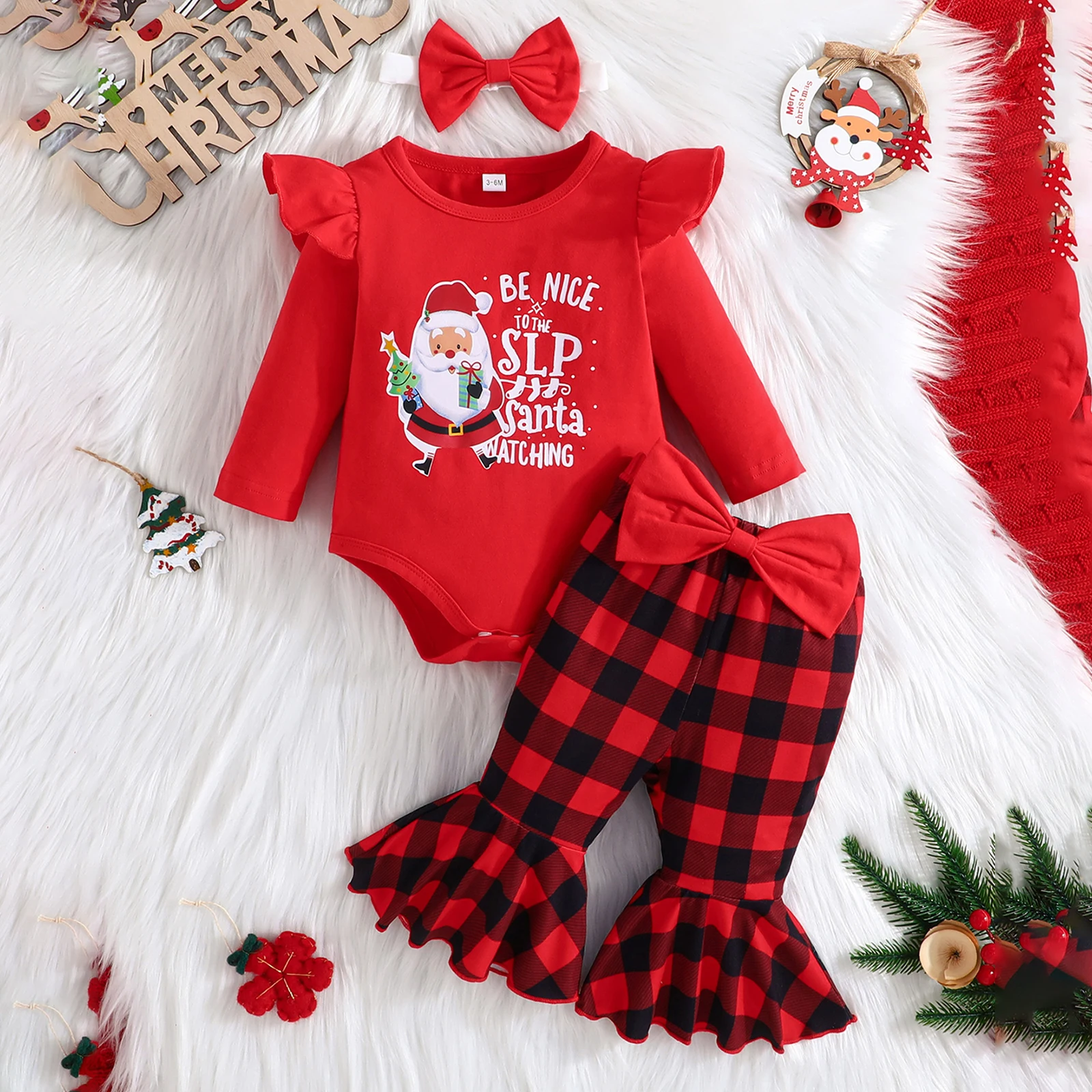 

2023-08-25 Lioraitiin 0-18M Christmas Baby Girls Clothes Sets Long Sleeve Letter Print Romper Flared Pants Headband 3PCS Sets