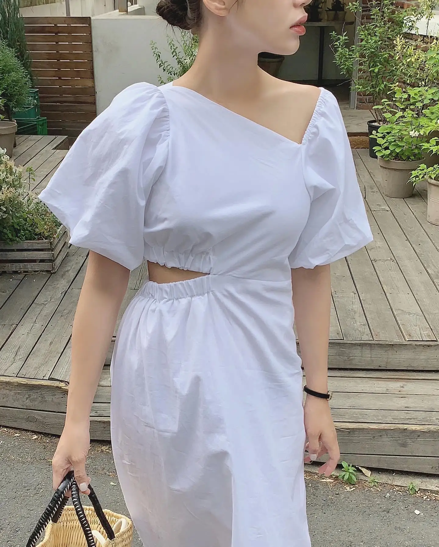 

WTIANYUW Chic Fashion Elegant Runway 2022 Summer Female New Clothing Diagonal Collar Puff Sleeve Temperament White Maxi Dress