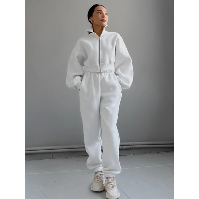 

Brushed Hoody Warm Long Sleeves Elastic Band Simple Style Sports Suit 2024 New Commuter Two-Piece Set Female Fengsb
