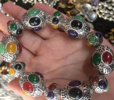 

China's exquisite Tibetan silver hand-carved multicolored bracelet