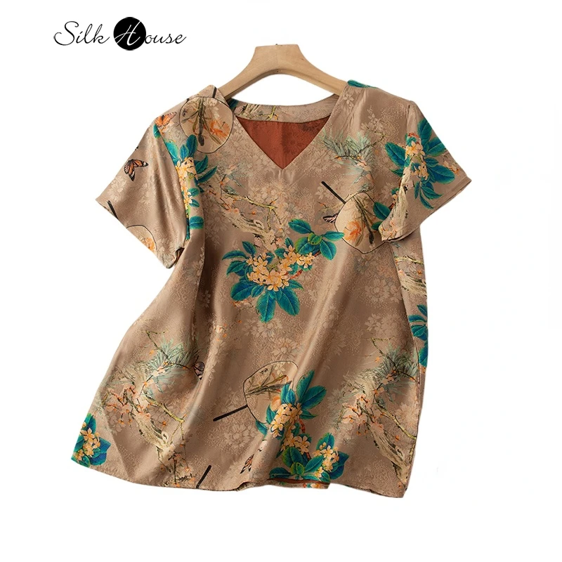 

2023 Fashion Top Classic Print Perforated Floral 100%Natural Mulberry Silk Fragrant Cloud Yarn V-Neck T-shirt for Women