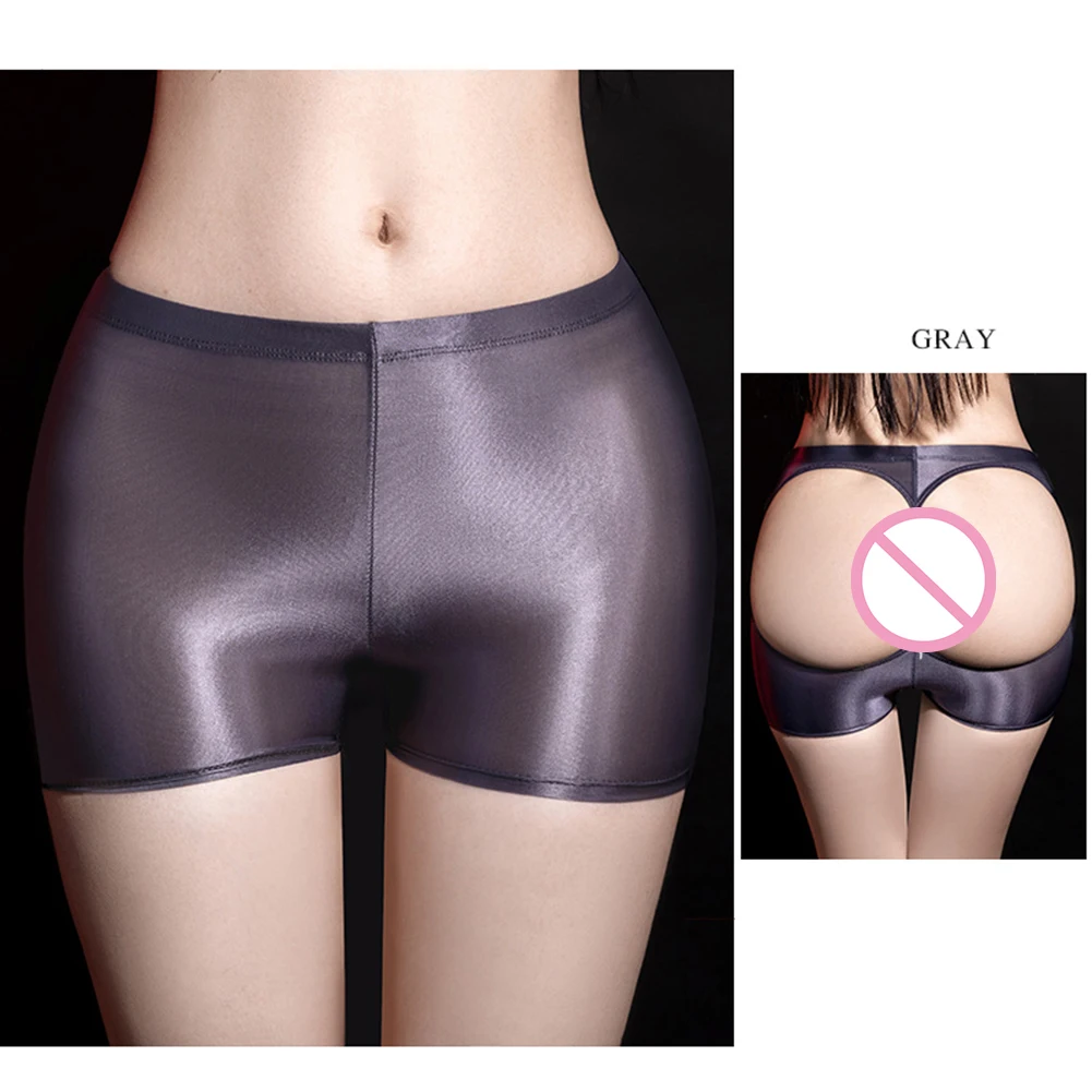 

Women Sexy Shiny Glossy Boxer Briefs Hollow Out Open Butt Panties See Through Smooth Underwear Stretch Tight Erotic Underpants