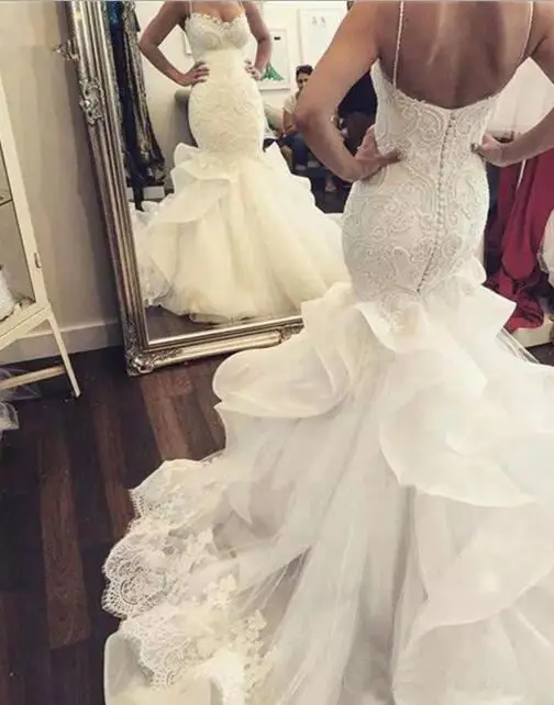 Luxury Spaghetti Straps Customized Appliqued Bridal Dresses Chapel Train Lace Mermaid Wedding Dresses
Luxury Spaghetti Straps Customized Appliqued Bridal Dresses Chapel Train Lace Mermaid Wedding Dresses