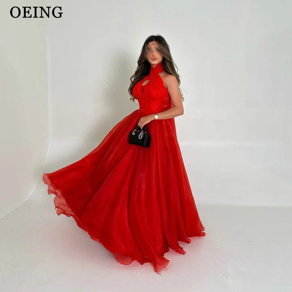 

OEING Red Organza Prom Dresses Elegant Cross Suspender Sleeveless Evening Gowns Dubai Arabia Party Dress Vestidos De Fiesta