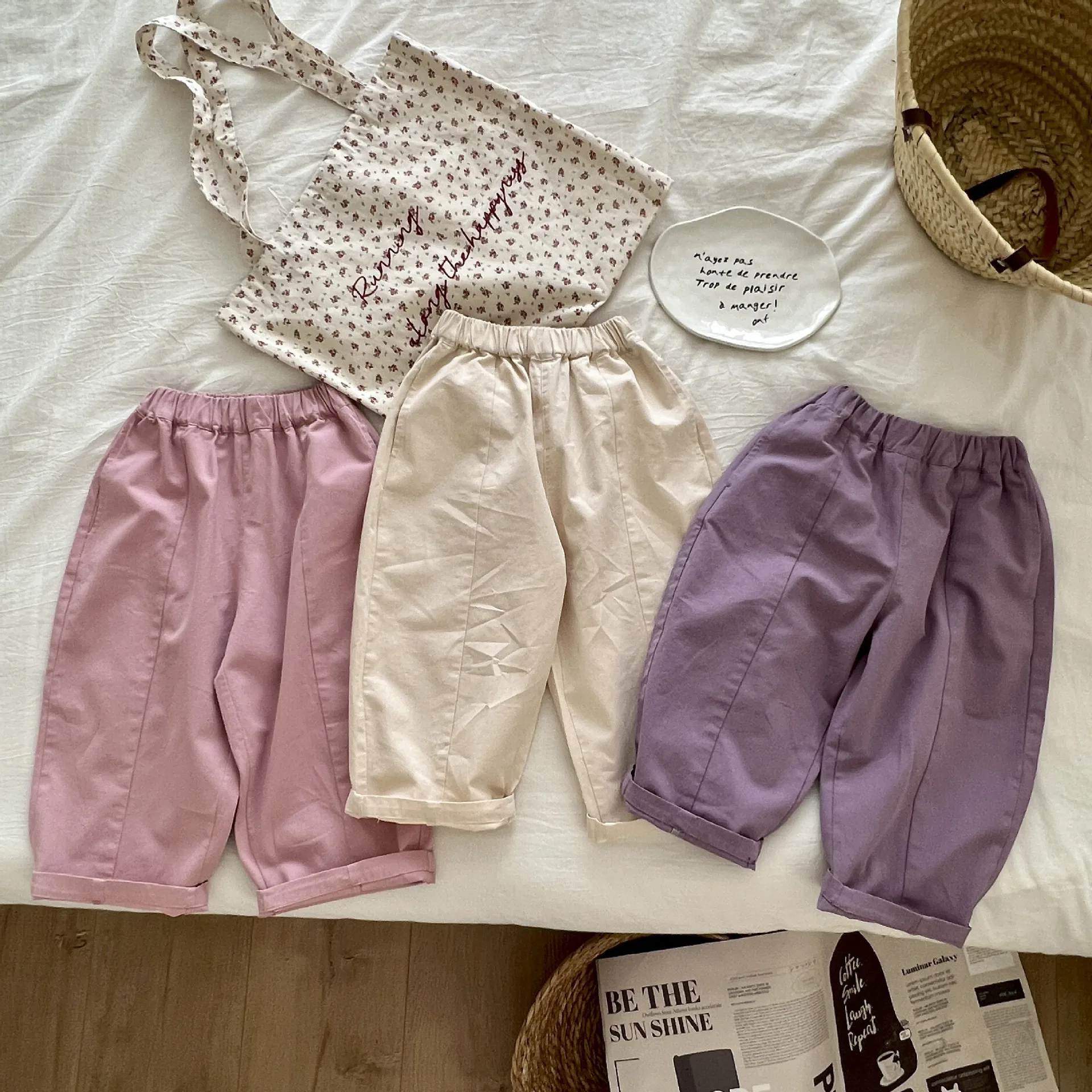 

2024 Spring New Fashion Girl Baby Casual Pants Solid Boy Children Harem Pants Loose Kid Pockets Cotton Trousers Toddler Clothes