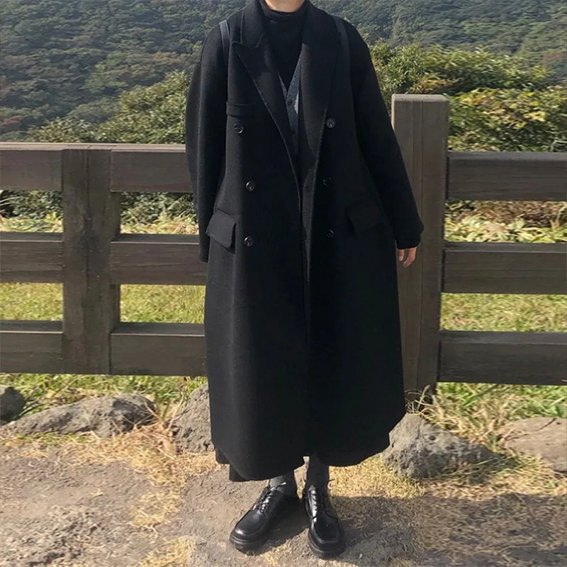 

Женское шерстяное пальто, Черное длинное двубортное пальто большого размера в Корейском стиле на осень и зиму, 2023