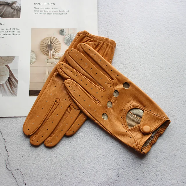 Gants de conduite en cuir véritable pour femmes, monocouche, mince, creux, respirants, courts, mode, printemps, été, 100% 1