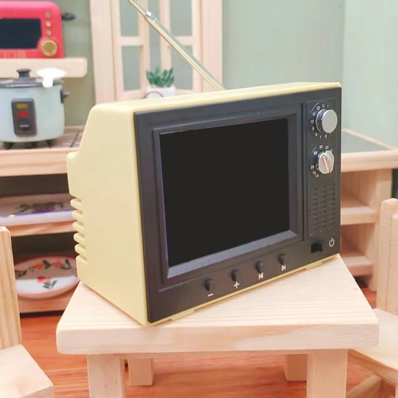 

1:12 Dollhouse Vintage Old Style Miniature Television TV Playable Video Doll House Furniture Living Room Bedroom Decor Model Toy