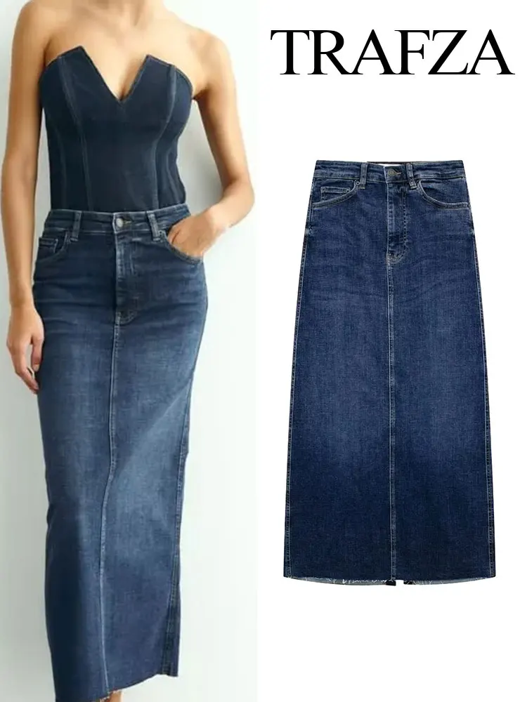 

TRAFZA Women's Summer Fashion Denim Pencil Skirt with Pockets Frayed Hem Retro Back Slit High Waist Zipper Women's Skirt