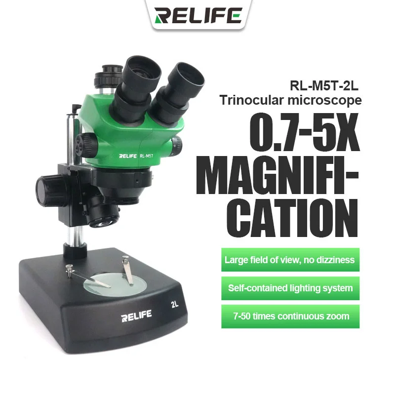 

RELIFE RL-M5T-2L Trinocular Stereo Microscope 0.7-5.0X Continuous Zoom Focusing PCB Repair Rework Weld Use