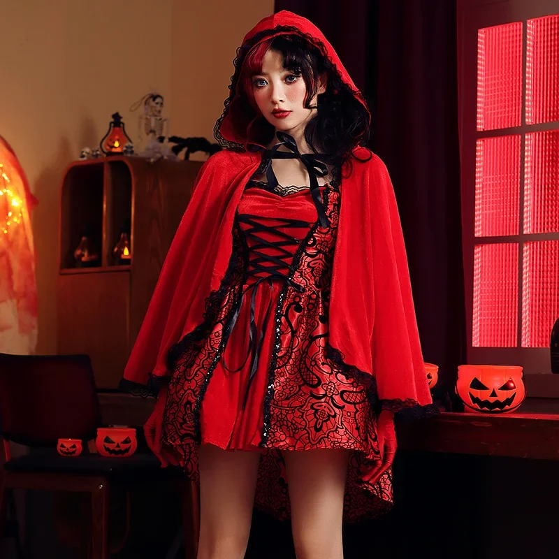 

Women Little Red Riding Hood Cosplay Costumes for Halloween Party Fairy Tales Drama Show Role Playing Dress Up Outfit