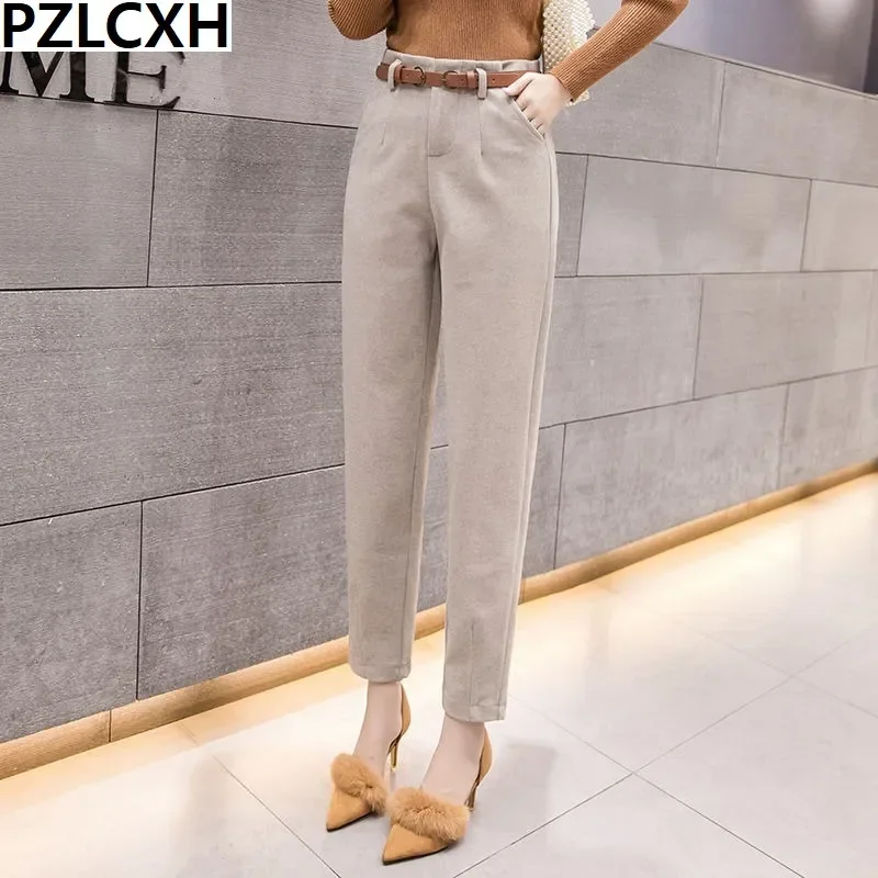 

Autumn Winter Woolen Smoke Pipe Pants Women 2024 New Nine Points Show Thin Loose Small Feet High Waist Radish Harun Casual Pants